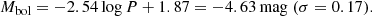 $$ \begin{aligned} M_{\rm bol} = -2.54 \log P + 1.87 = -4.63\,\mathrm{mag} \;(\sigma = 0.17). \end{aligned} $$