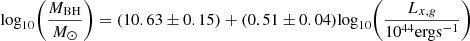 $$ \mathrm {log}_{10}\Bigg (\frac {M_{\mathrm {BH}}}{M_{\odot }} \Bigg ) = (10.63 \pm 0.15) + (0.51 \pm 0.04)\mathrm { log}_{10}\Bigg (\frac {L_{x,g}}{10^{44} \mathrm { erg s}^{-1}} \Bigg ) $$