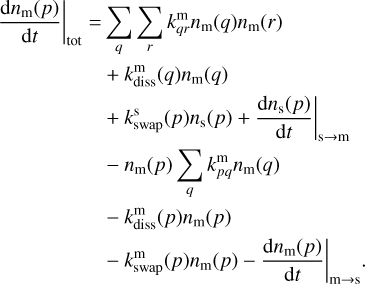 \begin{split} \frac{{\rm d} n_{\text{m}}(p)}{{\rm d}t} \bigg|_{\text{tot}} = & \sum_{q} \sum_{r} k^{\text{m}}_{qr} n_{\text{m}}(q) n_{\text{m}}(r) \\ & + k^{\text{m}}_{\text{diss}}(q) n_{\text{m}}(q) \\ & + k^{\text{s}}_{\text{swap}} (p) n_{\text{s}} (p) + \dfrac{{\rm d}n_{\text{s}} (p)}{{\rm d}t} \bigg|_{\text{s} \rightarrow \text{m}} \\ & - n_{\text{m}} (p) \sum_{q} k^{\text{m}}_{pq} n_{\text{m}} (q) \\ & - k^{\text{m}}_{\text{diss}} (p) n_{\text{m}} (p) \\ & - k^{\text{m}}_{\text{swap}} (p) n_{\text{m}} (p) - \dfrac{{\rm d} n_{\text{m}} (p)}{{\rm d}t} \bigg|_{\text{m} \rightarrow \text{s}}. \end{split}