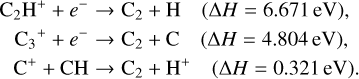 \mathrm{C_2H}^+ + e^- & \rightarrow & \mathrm{C}_2 + \mathrm{H} \quad (\Delta H = 6.671 \, \mathrm{eV}),\\ \mathrm{C_3}^+ + e^- & \rightarrow & \mathrm{C}_2 + \mathrm{C} \quad (\Delta H = 4.804 \, \mathrm{eV}),\\ \mathrm{C}^+ + \mathrm{CH} & \rightarrow & \mathrm{C}_2 + \mathrm{H}^+ \quad (\Delta H = 0.321 \, \mathrm{eV}).