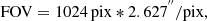 Mathematical equation: $$ \mathrm {FOV} = 1024\,\mathrm {pix} * 2.627^{{''}}/\mathrm {pix}, $$