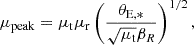 $$ \mu _{\mathrm {peak}} = \mu _{\mathrm {t}} \mu _{\mathrm {r}} \left (\frac {\theta _{\mathrm {E,*}}}{\sqrt {\mu _{\mathrm {t}}}\beta _{R}}\right )^{1/2}, $$
