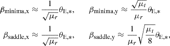 $$ \begin{aligned} \beta _{\mathrm {minima, x}} &\approx \frac {1}{\sqrt {\mu _r}} \theta _{\mathrm {E,*}}, \qquad \beta _{\mathrm {minima, y}} \approx \frac {\sqrt {\mu _t}}{\mu _r} \theta _{\mathrm {E,*}} \\ \beta _{\mathrm {saddle, x}} &\approx \frac {1}{\sqrt {\mu _r}} \theta _{\mathrm {E,*}}, \qquad \beta _{\mathrm {saddle, y}} \approx \frac {1}{\mu _r} \sqrt {\frac {\mu _t}{8}} \theta _{\mathrm {E,*}}, \end{aligned} $$
