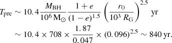 $$ \begin{aligned} T_{\rm pre}&\sim 10.4\frac{M_{\rm BH}}{10^6\,\mathrm{M_\odot }} \frac{1+e}{(1-e)^{1.5}}\left(\frac{r_{0}}{10^3\,{R_{\rm G}}}\right)^{2.5}\,\mathrm{yr}\nonumber \\&\sim 10.4\times 708\times \frac{1.87}{0.047}\times (0.096)^{2.5}\sim 840\,\mathrm{yr}. \end{aligned} $$