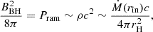 $$ \frac {B_{\mathrm {BH}}^2}{8\pi }=P_{\mathrm {ram}}\sim \rho c^2 \sim \frac {{\dot {M}}(r_{\mathrm {in}})c}{4\pi r_{\mathrm {H}}^2}, $$