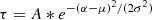 $$ \tau = A * e^{-(\alpha -\mu )^2/(2\sigma ^2)} $$