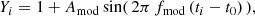 $$ \begin{aligned} Y_i&= 1 + A_{\rm mod}\sin (\,2\pi \, f_{\rm mod}\,(t_i-t_0)\,), \end{aligned} $$