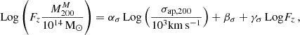 $$ \begin{aligned} \mathrm{Log}\left(F_z\frac{M_{200}^M}{10^{14}\,\mathrm{M}_\odot }\right) = \alpha _\sigma \, \mathrm{Log}\left(\frac{\sigma _{\rm ap,200}}{10^{3}\mathrm{km}\,\mathrm{s}^{-1}}\right) + \beta _\sigma + \gamma _\sigma \,\mathrm{Log} F_z\,, \end{aligned} $$
