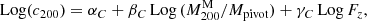 $$ \begin{aligned} \mathrm{Log} (c_{\rm 200}) = \alpha _C + \beta _C \,\mathrm{Log}\, (M^\mathrm{M}_{\rm 200} / M_{\rm pivot}) + \gamma _C\, \mathrm{Log} \,F_z , \end{aligned} $$