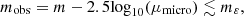 $$ m_{\mathrm {obs}} = m - 2.5{\mathrm {log}}_{10}(\mu _{\mathrm {micro}}) \lesssim m_{\varepsilon }, $$