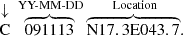 $$ \begin{aligned} \overset{\begin{matrix} \text{ Crater} \\ \downarrow \end{matrix}}{\mathrel {\mathrm{C} }} \overbrace{091113}^{\text{ YY-MM-DD}} \overbrace{\mathrm{N17.3E043.7} }^{\text{ Location}} .\end{aligned} $$