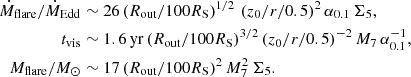 Mathematical equation: $$ \begin{aligned} \begin{split} \dot{M}_{\rm flare}/\dot{M}_\mathrm{Edd}&\sim 26\, (R_\mathrm{out} /100R_\mathrm{S} )^{1/2}\, \, (z_0/r/0.5)^2\, \alpha _{0.1}\, \Sigma _5,\\ t_\mathrm{vis}&\sim 1.6 \,\mathrm{yr} \,(R_\mathrm{out} /100R_\mathrm{S} )^{3/2}\,(z_0/r/0.5)^{-2}\,M_7 \,\alpha _{0.1}^{-1},\\ M_\mathrm{flare} /M_\odot&\sim 17 \, (R_\mathrm{out} /100R_\mathrm{S} )^2\, M_7^2 \, \Sigma _5 . \end{split} \end{aligned} $$