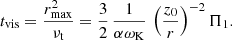 Mathematical equation: $$ \begin{aligned} t_{\rm vis} = \frac{r_\mathrm{max} ^2}{\nu _{\mathrm{t} }} = \frac{3}{2}\, \frac{1}{\alpha \omega _{\rm K}}\, \left(\frac{z_0}{r}\right)^{-2} \Pi _1. \end{aligned} $$