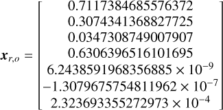 Mathematical equation: ${x_{r,o}} = \left[ {\matrix{ {0.7117384685576372} \cr {0.3074341368827725} \cr {0.0347308749007907} \cr {0.6306396516101695} \cr {6.2438591968356885 \times {{10}^{ - 9}}} \cr { - 1.3079675754811962 \times {{10}^{ - 7}}} \cr {2.323693355272973 \times {{10}^{ - 4}}} \cr } } \right]$