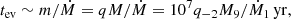 Mathematical equation: $$ \begin{aligned} t_{\rm ev} \sim m/\dot{M} =qM/\dot{M}=10^7 q_{-2} M_9/\dot{M}_1\,\mathrm{yr}, \end{aligned} $$