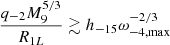 Mathematical equation: $$ \begin{aligned} \frac{q_{-2} M_9^{5/3}}{R_{1L}}\gtrsim h_{-15} \omega _{-4,\mathrm{max} }^{-2/3} \end{aligned} $$