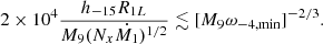 Mathematical equation: $$ \begin{aligned} 2 \times 10^{4}\frac{h_{-15} R_{1L}}{M_9(N_x\dot{M_1})^{1/2}}\lesssim [M_9\omega _{-4,\mathrm{min} }]^{-2/3}. \end{aligned} $$