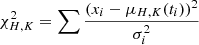 Mathematical equation: $$ \begin{aligned} \chi ^2 _{H, K}= \sum \frac{(x_i -\mu _{H, K}(t_i))^2}{\sigma _i^2} \end{aligned} $$