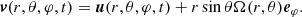 $$ \begin{aligned} {\boldsymbol{v}}(r,\theta ,\varphi ,t) = {\boldsymbol{u}}(r,\theta ,\varphi ,t) + r \sin {\theta }\Omega (r,\theta )\boldsymbol{e}_{\varphi }. \end{aligned} $$