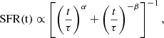 Mathematical equation: $$ \begin{aligned} \mathrm{SFR(t)} \propto \left[ \left( \frac{t}{\tau } \right)^\alpha + \left( \frac{t}{\tau } \right)^{-\beta } \right]^{-1} , \end{aligned} $$