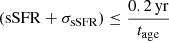 Mathematical equation: $$ \begin{aligned} (\mathrm{sSFR} + \sigma _{\rm sSFR}) \le \frac{0.2\,\mathrm{yr}}{t_{\rm age}} \end{aligned} $$