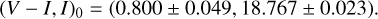 Mathematical equation: ${\left( {V - I,I} \right)_0} = \left( {0.800 \pm 0.049,18.767 \pm 0.023} \right).$