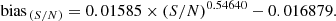 Mathematical equation: $$ \begin{aligned} \mathrm{bias}_{\,(S/N)} = 0.01585 \times (S/N)^{0.54640} - 0.016879. \end{aligned} $$
