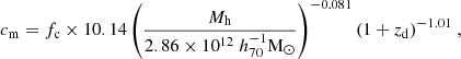 Mathematical equation: $$ \begin{aligned} c_{\rm m} = f_{\rm c} \times 10.14 \left(\frac{M_{\rm h}}{2.86\times 10^{12}\ h_{70}^{-1}\mathrm{M}_{\odot }}\right)^{-0.081} (1+z_{\rm d})^{-1.01}\ , \end{aligned} $$