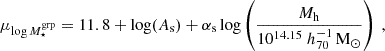 Mathematical equation: $$ \begin{aligned} \mu _{\log M_{\star }^\mathrm{grp}} = 11.8 + \log (A_{\rm s}) + \alpha _{\rm s}\log \left(\frac{{M_{\rm h}}}{10^{14.15}\ h_{70}^{-1}\,\mathrm{M}_{\odot }}\right)\ , \end{aligned} $$