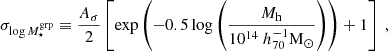 Mathematical equation: $$ \begin{aligned} \sigma _{\log M_{\star }^\mathrm{grp}} \equiv \frac{A_{\sigma }}{2}\left[\exp \left(-0.5\log \left(\frac{{M_{\rm h}}}{10^{14}\ h_{70}^{-1}\mathrm{M}_{\odot }}\right)\right) + 1\right]~, \end{aligned} $$