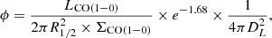 Mathematical equation: $$ \begin{aligned} \phi = \frac{L_\mathrm{CO(1-0)} }{2\pi R_{1/2}^2 \times \Sigma _\mathrm{CO(1-0)} } \times e^{-1.68} \times \frac{1}{4\pi D_L^2}, \end{aligned} $$