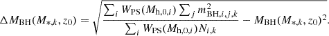 Mathematical equation: $$ \begin{aligned} \Delta M_{\rm BH}(M_{*,k},z_0) = \sqrt{\frac{\sum _i W_{\rm PS}(M_{\mathrm{h},0,i}) \sum _j m_{\mathrm{BH},i,j,k}^2}{\sum _i W_{\rm PS}(M_{\mathrm{h},0,i}) N_{i,k}} - M_{\rm BH}(M_{*,k},z_0)^2}. \end{aligned} $$