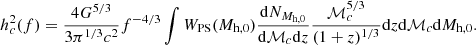 Mathematical equation: $$ \begin{aligned} h_c^2(f)=\frac{4G^{5/3}}{3\pi ^{1/3}c^2} f^{-4/3} \int W_{\rm PS}(M_{\rm h,0})\frac{\mathrm{d}N_{M_{\rm h,0}}}{\mathrm{d}\mathcal{M} _c \mathrm{d}z} \frac{\mathcal{M} _c^{5/3}}{(1+z)^{1/3}} \mathrm{d}z \mathrm{d}\mathcal{M} _c \mathrm{d}M_{\rm h,0}. \end{aligned} $$