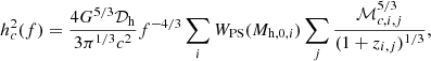 Mathematical equation: $$ \begin{aligned} h_c^2(f)=\frac{4G^{5/3}\mathcal{D} _{\rm h}}{3\pi ^{1/3}c^2} f^{-4/3} \sum _i W_{\rm PS}(M_{\mathrm{h},0,i}) \sum _j \frac{\mathcal{M} _{c,i,j}^{5/3}}{(1+z_{i,j})^{1/3}}, \end{aligned} $$