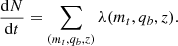 Mathematical equation: $$ \begin{aligned} \frac{\mathrm{d}N}{\mathrm{d}t} = \sum _{(m_t,q_b,z)} \lambda (m_t,q_b,z). \end{aligned} $$