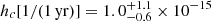 Mathematical equation: $ h_c[1/(1\,\mathrm{yr})]=1.0^{+1.1}_{-0.6}\times 10^{-15} $