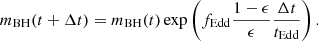 Mathematical equation: $$ \begin{aligned} m_{\rm BH}(t+\Delta t)=m_{\rm BH}(t)\exp \left(f_{\rm Edd}\frac{1-\epsilon }{\epsilon }\frac{\Delta t}{t_{\rm Edd}}\right). \end{aligned} $$