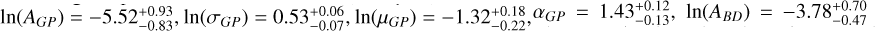 Mathematical equation: $\ln \left(A_{G P}\right) = -5.52_{-0.83}^{+0.93}, \ln \left(\sigma_{G P}\right) = 0.53_{-0.07}^{+0.06}, \ln \left(\mu_{G P}\right) = -1.32_{-0.22}^{+0.18}, \alpha_{G P}=1.43_{-0.13}^{+0.12}, \ln \left(A_{B D}\right) = -3.78_{-0.47}^{+0.70}$