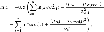 Mathematical equation: $$ \begin{aligned} \ln \mathcal{L}&= -0.5\left( \sum _{i=1}^{n} \ln (2\pi \sigma _{\mathrm{W} ,\mathrm{i} }^2) +\frac{(\mu _{\mathrm{W} ,\mathrm{i} } - \mu _{\mathrm{W} ,\mathrm{mod} ,\mathrm{i} })^2}{\sigma _{\mathrm{W} ,\mathrm{i} }^2} \right.\nonumber \\&+ \left.\sum _{i=1}^{n} \ln (2\pi \sigma _{\mathrm{N} ,\mathrm{i} }^2) +\frac{(\mu _{\mathrm{N} ,\mathrm{i} } - \mu _{\mathrm{N} ,\mathrm{mod} ,\mathrm{i} })^2}{\sigma _{\mathrm{N} ,\mathrm{i} }^2} \right), \end{aligned} $$