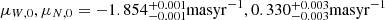 Mathematical equation: $ \mu_{W,0}, \mu_{N,0} = -1.854 \substack{+0.001 \\ -0.001} \mathrm{mas yr}^{-1}, 0.330 \substack{+0.003 \\ -0.003} \mathrm{mas yr}^{-1} $