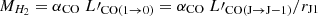 Mathematical equation: $ M_{H_2} = \alpha_{\mathrm{CO}}\;L\prime_{\mathrm{CO(1\rightarrow0)}} = \alpha_{\mathrm{CO}}\;L\prime_{\mathrm{CO(J\rightarrow J-1)}}/r_{\mathrm{J1}} $