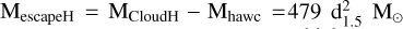 Mathematical equation: $\[\mathrm{M}_{\text {escapeH }}=\mathrm{M}_{\text {CloudH }}-\mathrm{M}_{\text {hawc}}= 479 \mathrm{~d}_{1.5}^{2} ~\mathrm{M}_{\odot}\]$