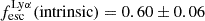 Mathematical equation: $ f_{\mathrm{esc}}^{\mathrm{Ly\alpha}}\mathrm{(intrinsic)} = 0.60\pm0.06 $