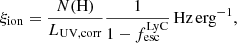 Mathematical equation: $$ \begin{aligned} \xi _\mathrm{ion} =\frac{N(\mathrm{H} )}{L_\mathrm{UV,corr} }\frac{1}{1-f_\mathrm{esc} ^\mathrm{LyC} }\,\mathrm {Hz\,erg}^{-1}, \end{aligned} $$