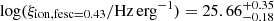 Mathematical equation: $ \log(\xi_{\mathrm{ion, fesc = 0.43}}/\mathrm{Hz\,erg}^{-1})= 25.66^{+0.35}_{-0.18} $