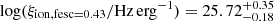 Mathematical equation: $ \log(\xi_{\mathrm{ion, fesc = 0.43}}/\mathrm{Hz\,erg}^{-1})= 25.72^{+0.35}_{-0.18} $
