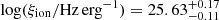 Mathematical equation: $ \log(\xi_{\mathrm{ion}}/\mathrm{Hz\,erg}^{-1})= 25.63^{+0.17}_{-0.11} $