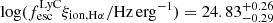 Mathematical equation: $ \log(f_{\mathrm{esc}}^{\mathrm{LyC}}\xi_{\mathrm{ion,H\alpha}}/\mathrm{Hz\,erg^{-1}})=24.83^{+0.26}_{-0.29} $