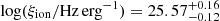 Mathematical equation: $ \log(\xi_{\mathrm{ion}}/\mathrm{Hz\,erg^{-1}}) = 25.57^{+0.16}_{-0.12} $