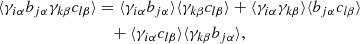 Mathematical equation: $$ \begin{aligned} \langle \gamma _{i\alpha }b_{j\alpha }\gamma _{k\beta }c_{l\beta } \rangle&= \langle \gamma _{i \alpha } b_{j\alpha } \rangle \langle \gamma _{k \beta } c_{l \beta }\rangle + \langle \gamma _{i\alpha }\gamma _{k\beta }\rangle \langle b_{j\alpha }c_{l\beta }\rangle \nonumber \\&\quad + \langle \gamma _{i\alpha } c_{l\beta } \rangle \langle \gamma _{k\beta }b_{j\alpha }\rangle , \end{aligned} $$